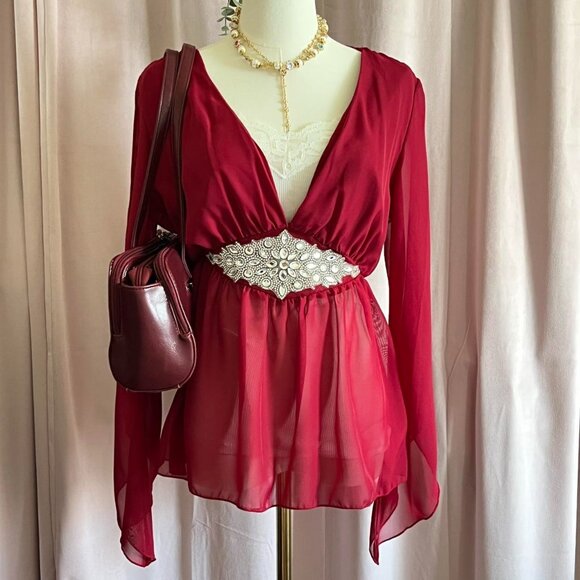 Red Chiffon With Beaded Waist V-Neck Flowy Blouse - Picture 8 of 8